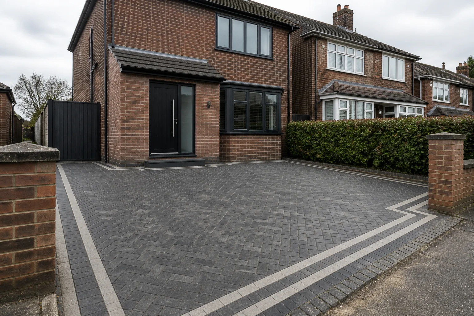 Representative charcoal block paving driveway with geometric edge course