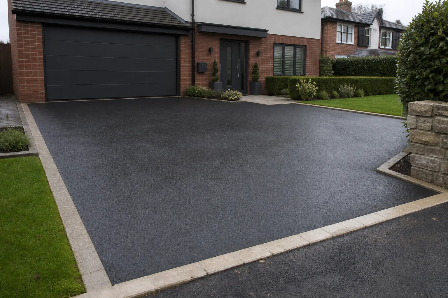 Representative modern tarmac driveway with clean light stone edging